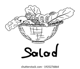 Vegetable Salad In A Bowl Simple Drawing. Doodle Sketch Illustration