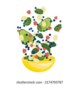 Vegetable salad bowl. Variety of healthy vegetables, fruits flying in the air to a yellow bowl. Trendy vector illustration for web and print poster design. Isolated salad bowl. 