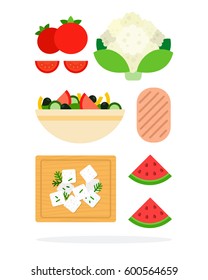 Vegetable salad, cauliflower, tomato slices, chicken breast, feta with dill on the board for cutting, slices of watermelon isolated on white