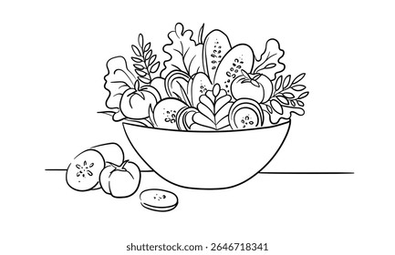 Salada de legumes, desenho de linha continious, esboço de comida saudável. Ilustração vetorial isolada no plano de fundo branco