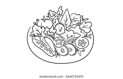Salada de legumes, desenho de linha continious. Resumo de comida saudável. Ilustração vetorial isolada no plano de fundo branco