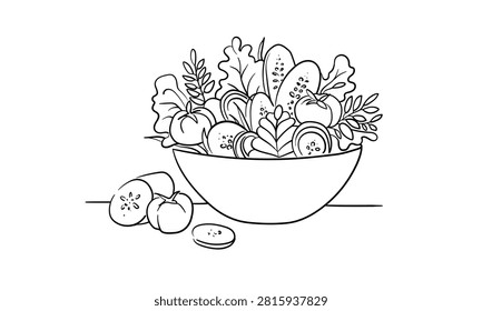 Vegetable salad, continious line drawing. Vegetarian, vegan outline. Vector illustration