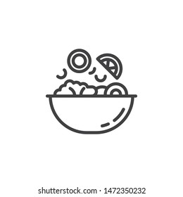 Vegetable salad cooking line icon. Food preparation linear style sign for mobile concept and web design. Falling vegetables into bowl outline vector icon. Symbol, logo illustration. Vector graphics