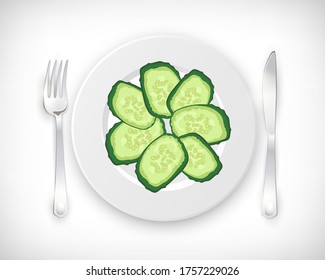 Vegetable salad, cucumber slices, fork, knife on white plate. Ready to eat food. Top view. Healthy vegetarian mediterranean product concept. Vector hand drawn illustration on white background.