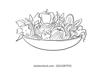 Vegetable salad, cucumbers, tomatoes, continious line drawing. Helthy food outline. Restaurant menu. Vector illustration isolated on white background