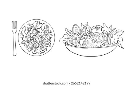 Vegetable salad, cucumbers, tomatoes from plate, continious line drawing. Helthy food outline. Restaurant menu.Vector illustration