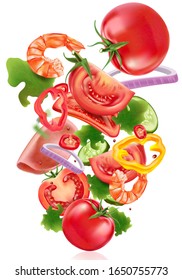 Vegetable salad explosion with ingredients of herbs isolated on white background. Realistic vector in 3d illustration.