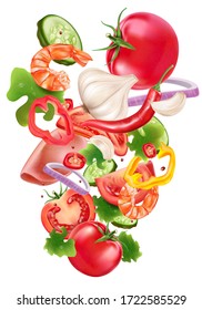 Vegetable salad explosion with ingredients of herbs isolated on white background. Realistic vector in 3d illustration.