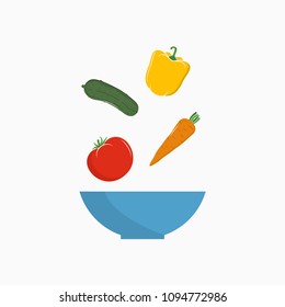 Vegetable salad with falling fresh ingredients in bowl. Recipe of salad. Vector illustration.
