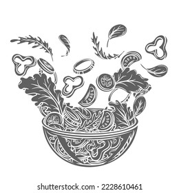 Vegetable salad glyph icon vector illustration. Silhouette of fresh slices of summer mix vegetables fly over bowl, tomato and pepper pieces, lettuce and onion circles fall into plate with appetizer