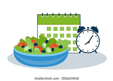 Vegetable salad healthy food with calendar date and time. Diet meal ingredient.