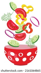 Vegetable salad ingredients. Cucumber, tomato, bell pepper, onion, dill. Hand drawn vector illustration. Suitable for website, stickers, gift cards.