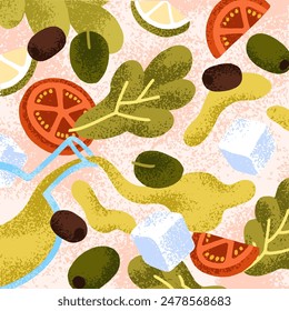 Ingredientes de ensalada de verduras, lechuga fresca que cae, aceituna, rodajas de tomate, queso feta, aceite. Cocina mediterránea, fondo de tarjeta cuadrada. Comida vegetariana saludable, comer. Ilustración vectorial plana