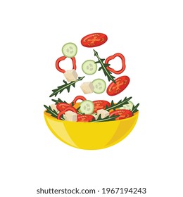 Vegetable salad ingredients falling into bowl - colorful vector illustration isolated on white background. Fresh cucumber, tomato and greens flying in air.