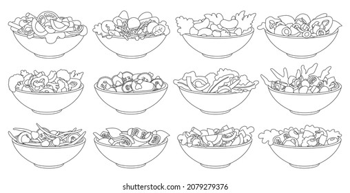 Icono de conjunto aislado de ensalada vegetal. lechuga del intestino del conjunto de vectores de oleína. Vector ilustra ensalada de verduras sobre fondo blanco.