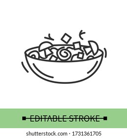 Vegetable salad line icon.Veggie fresh salad with mushrooms and mozzarella in a bowl. Homemade healthy lunch. Diet and vegetarian recipe.Isolated linear vector food illustration.Editable stroke