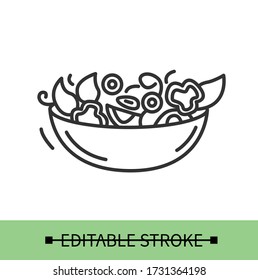 Vegetable salad line icon.Veggie fresh salad with bell pepper in a bowl. Homemade healthy lunch or dinner. Diet and vegetarian recipe.Isolated linear vector food illustration.Editable stroke
