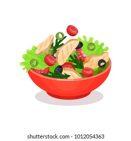 Vegetable salad with meat, cherry tomatoes, olives and lettuce, healthy eating concept vector Illustration