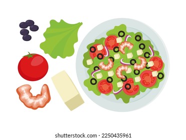 Placa de ensalada vegetal e ingredientes ilustraciones vectoriales. Dibujos de dibujos animados de aceitunas, tomates, lechuga, camarones, queso y plato sobre fondo blanco. Comida, estilo de vida saludable, concepto de receta