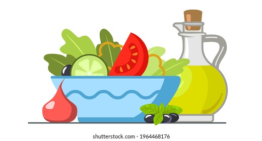 Vegetable salad served in bowls vector illustration Green salad with tomato and fresh vegetables and a bottle of olive oil isolated on white background