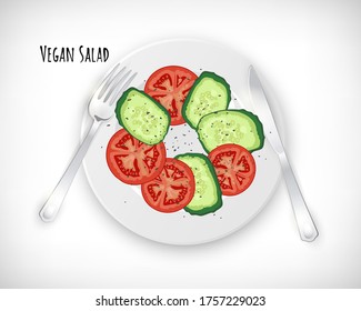 Vegetable salad, tomato slice, cucumber slices, oregano, fork, knife on white plate. Lettering Vegan Salad. Top view. Healthy vegetarian mediterranean food concept. Vector hand drawn illustration.