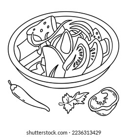 Vegetable salad of tomatoes, chili peppers, spicy greens in plate. Vector linear hand drawing doodle. For design and decoration of culinary themes