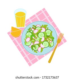 Vegetable salad with vegan ingredients on a platter, citrus juice in glass near by orange slices. Flat style vector drawing top view, isolated on white background.