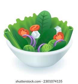 Vegetable salad for vegans or vegetarians 3D illustration. Meal with lettuce, tomatoes, onions, Brussel sprouts, celery and feta cheese in 3D style on white background. Food, healthy eating concept