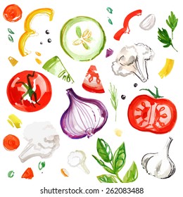 Vegetable salad, vegetables and sketch beams oil, salad recipe. Figure on a white background, frame of slices ingredients. Vector watercolor