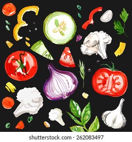 Vegetable salad, vegetables and sketch beams oil, salad recipe. Figure on a black background, frame of slices ingredients. Vector watercolor