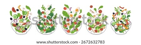 Vegetable salads in bowls set. Cooking fresh healthy dishes. Ingredients flying, falling down, lettuce, tomato, green herbs, olive and egg. Flat vector illustration isolated on white background