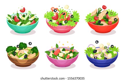 Vegetable Salads Vector Set Appetizing Dishes From Fresh Products