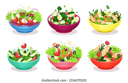 Vegetable Salads Vector Set Appetizing Dishes From Fresh Products