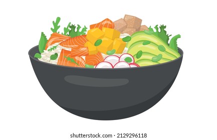 Vegetable and salmon poke bowl . Vector stock illustration isolated on white background for salad bar menu fast food restaurant with healthy, bio, organic meals. EPS10