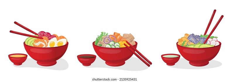 Vegetable and seafood poke bowls set with chopsticks . Vector stock illustration isolated on white background for salad bar menu fast food restaurant with healthy, bio, organic meals. EPS10