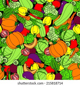 Vegetable seamless background. Cartoon, hand-drawing, pumpkin, zucchini, peppers, hot, chili, peas, tomato, cauliflower, cabbage, lettuce, cucumber, eggplant, beets, carrots