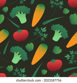 Vegetable seamless background. Various vegetables on a dark green background. Vector flat pattern.