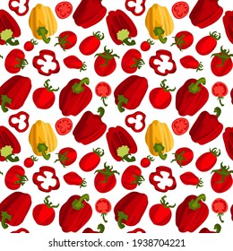 Patrón decorativo inmaculado de verduras. Patrón de verduras orgánicas de los granjeros, tomates y pimienta. Nutrición saludable. Fondo vectorial de estilo dibujado a mano para diseño de impresión o tejido de cocina.