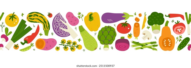 Fronteira horizontal sem emenda vegetal. Impressão vegetal orgânica fresca para cozinha, menu, design de pacote de alimentos. Ilustração de vetor plana desenhada à mão. Fundo de cozinha bonito saudável.