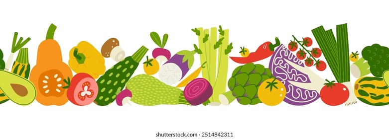 Vegetable seamless horizontal border. Fresh organic veggie print for kitchen, menu, food package design. Hand drawn flat vector illustration. Healthy cute kitchen backdrop.