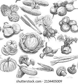 Vegetable seamless monochrome pattern. Sketchy vector hand-drawn background.