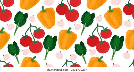 Vegetable seamless pattern with bell pepper, cherry tomato, spinach, and garlic in flat cartoon style. Perfect for healthy food packaging, vegetarian recipe books, kitchen fabric prints, eco-friendly 