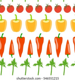 Vegetable seamless pattern in bright colors on white background. Stock vector illustration of red, yellow pepper, tomato, green parsley in geometric order.
