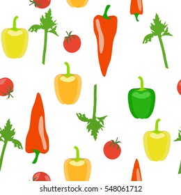 Vegetable seamless pattern in bright colors on white background. Stock vector illustration of red, yellow, green pepper, tomato, parsley.