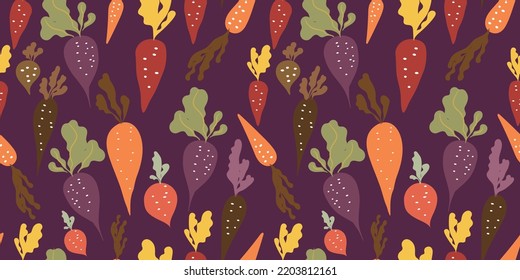 Vegetable seamless pattern c with various types of root crops. Autumn garden ornament. Bright veggies on the trendy dark purple background. Cute hand drawn healthy food texture. Radish, carrot, beet