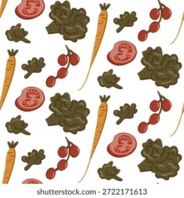 Vegetable seamless pattern with carrot, tomato, lettuce and berry elements drawn in flat hand drawn vector style on white background. The illustration represents healthy food, organic nutrition