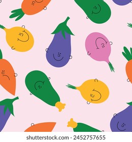 Vegetable seamless pattern. Cartoon vegetable collection. Cute carrot, onion, eggplant, zucchini for kids.