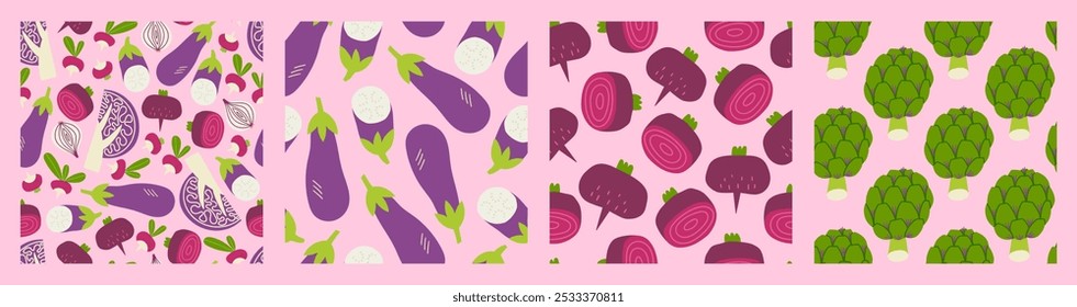 Vegetable seamless pattern collection with pink veggies, eggplant and artichoke. Fresh organic veggie prints set for kitchen, menu, food package design. Hand drawn flat vector illustration.