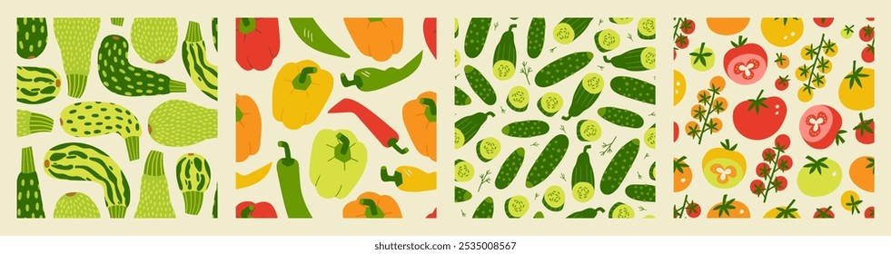 Vegetable seamless pattern collection with tomato, zucchini, paprika and tomato. Fresh organic veggie prints set for kitchen, menu, food package design. Hand drawn flat vector illustration.