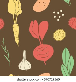  Vegetable seamless pattern. Colorful kitchen repeated background 